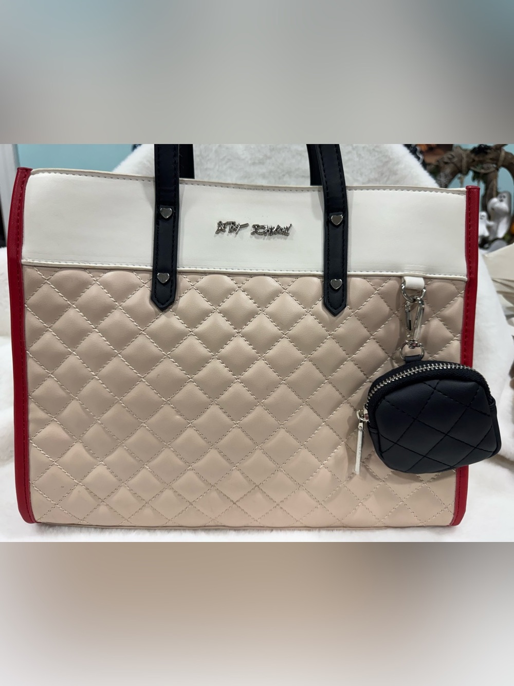 Betsey Johnson Quilted Beige and White Tote Bag with Black Accents